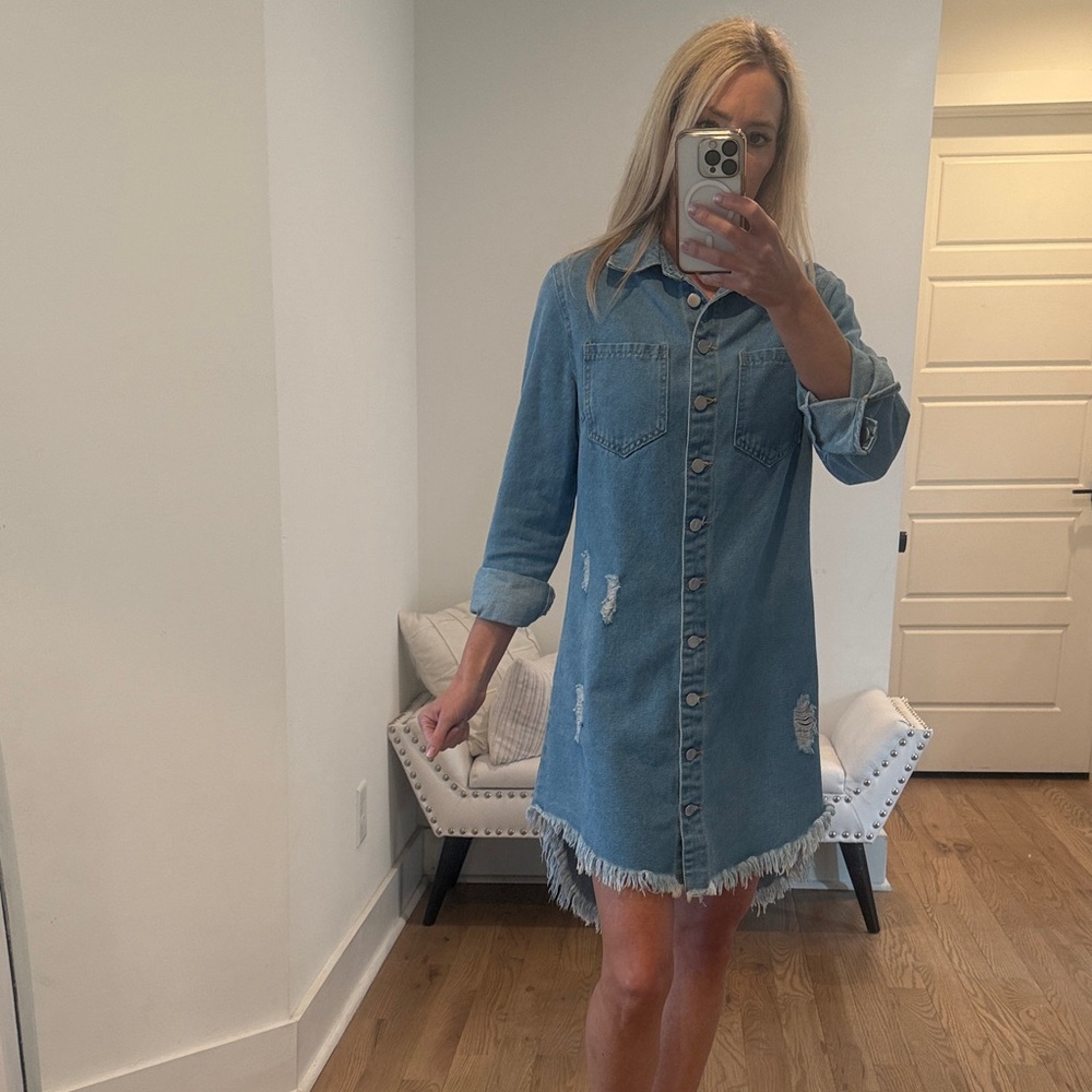 Denim Shirt Dress with Frayed Hem - Light Blue